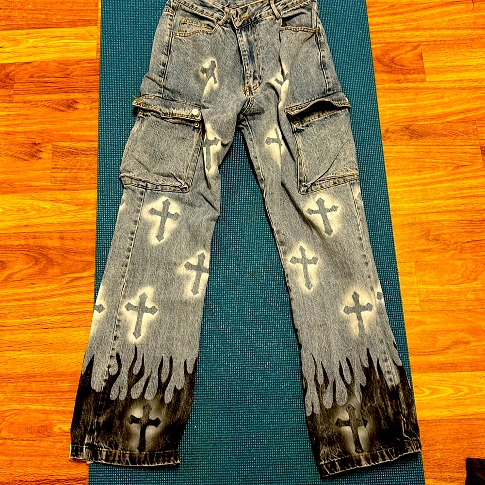 Blue denim cargo jeans with crosses and flames